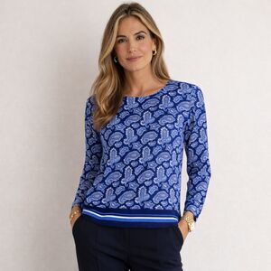 Michael Kors Blue Paisley Long Sleeve Blouse Contrast Striped Hem Size M